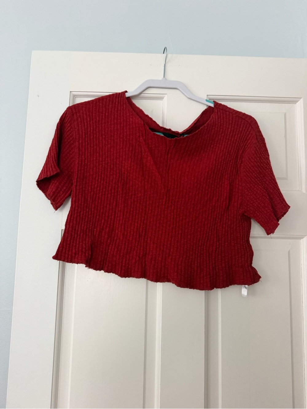 Urban Outfitters Red Ribbed Crop Top with Ruffle Hem